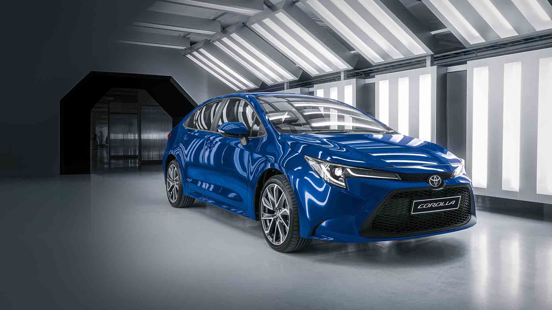 blue Toyota corolla exterior in studio lighting