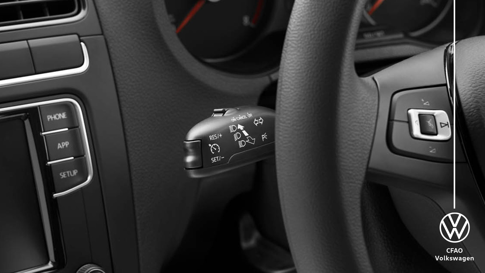 close up of polo vivo interior with Steering wheel and cruise control
